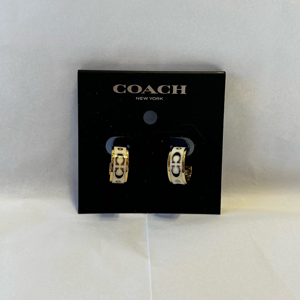 Coach Signature Enamel Gold Huggie Hoop Earrings - Picture 2 of 5